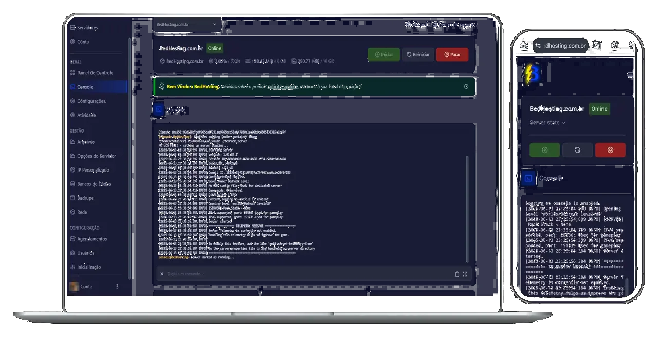 Painel BedHosting com console e gerenciamento de servidor no computador e no celular