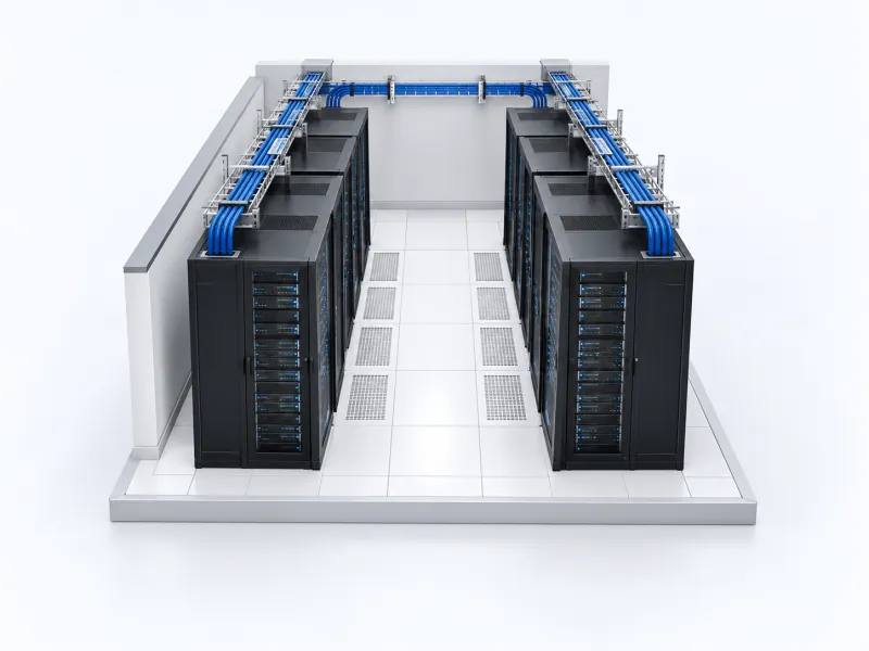 Ilustração de um datacenter com racks de servidores e distribuição de cabos