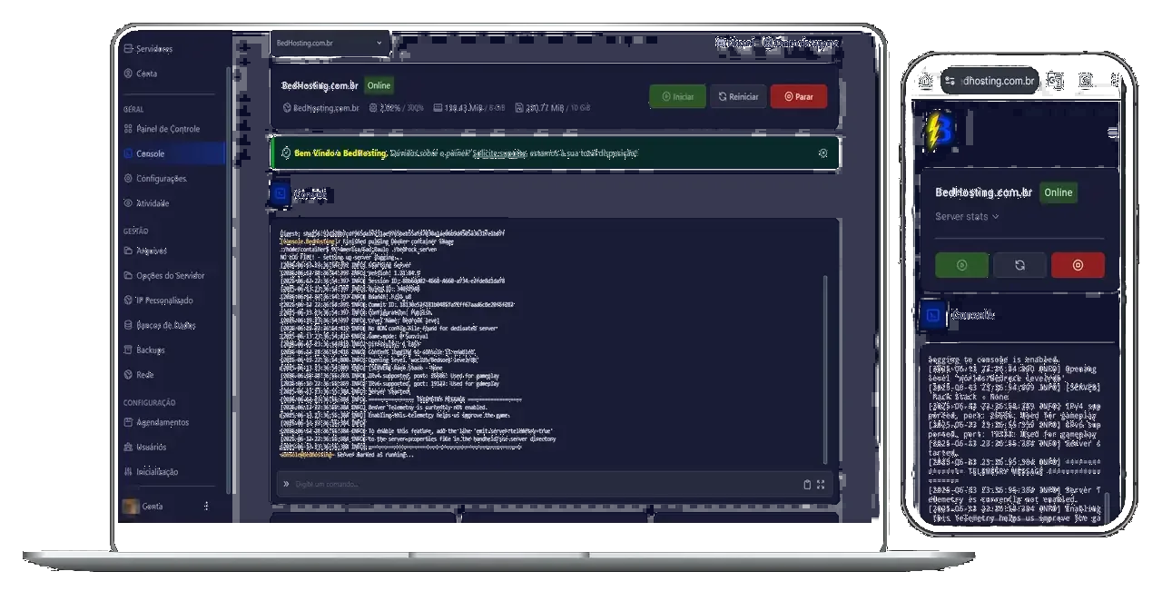 Painel real BedHosting no computador e no celular