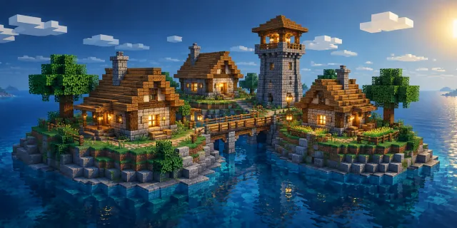 Ilustração de uma vila em Minecraft